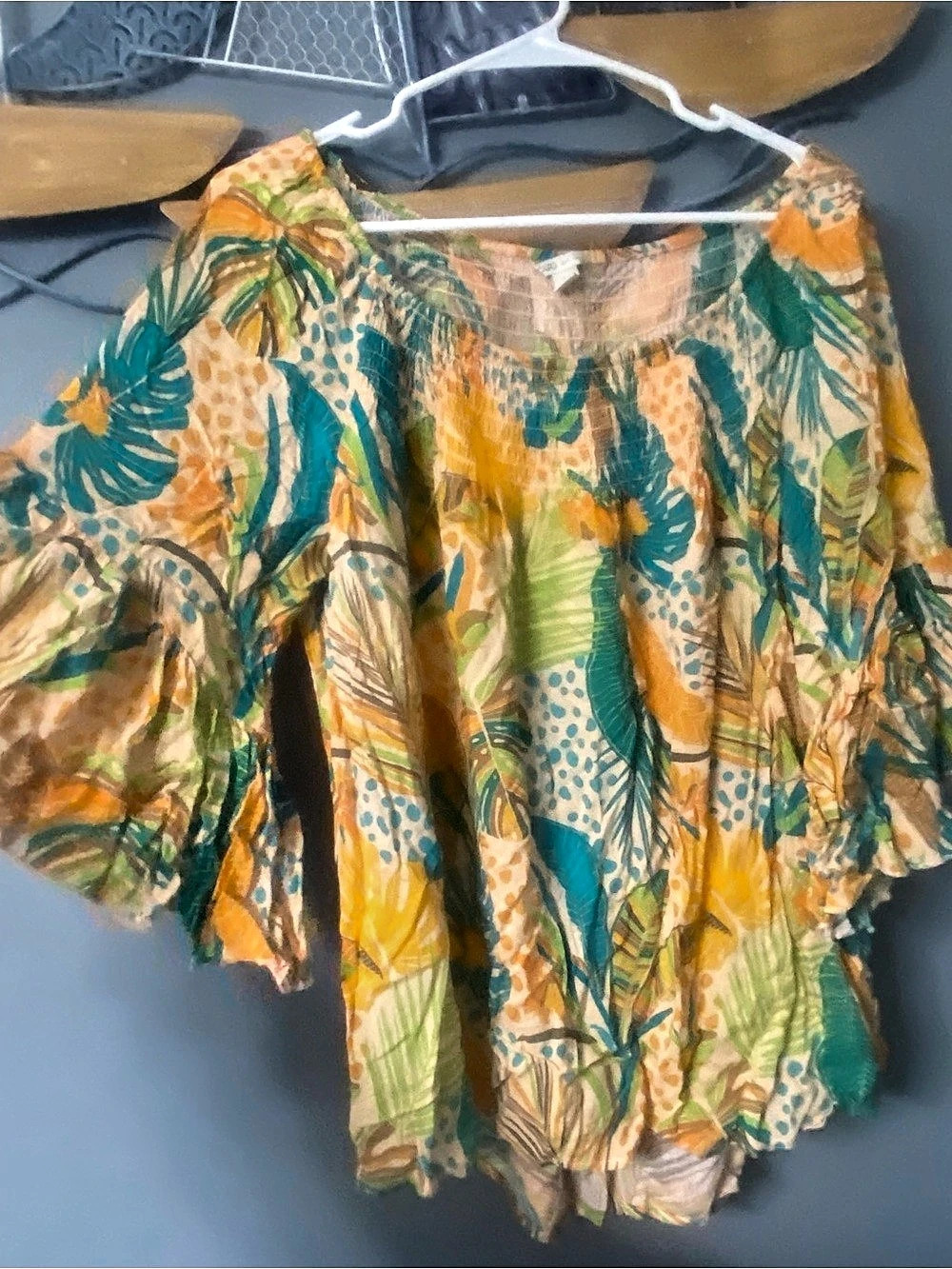 Cato Floral Short Sleeve Blouse in Orange & Green ruffled wide butterfly sleeve